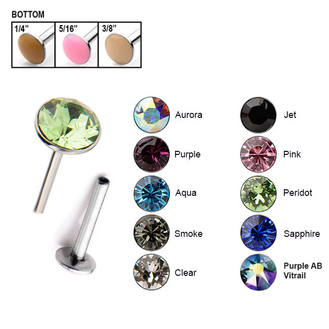 316L Surgical Steel Labret Style Nose Stud Push Pin 3mm Swarovski Gem
