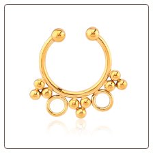 Gold PVD Coated 316L Surgical Steel Fake Septum Clicker Hanger Clip On Non Piercing Nose Ring Hoop Beaded
