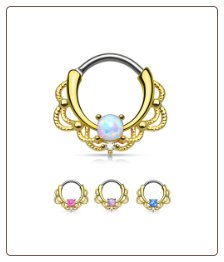 **BLOW OUT SALE**  Surgical Steel/Brass Gold IP Plated Septum Clicker Helix Nose Ring Hoop Opal 16G