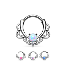 **BLOW OUT SALE**  Rhodium Plated Brass Septum Clicker Helix Nose Ring Hoop Opal 16G