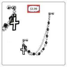 **BLOW OUT SALE** 316L Surgical Steel Ear Cartilage Jewelry Black Cross Chain 16G