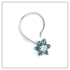 14KT White Gold Nose Screw 5mm White and Blue Flower Genuine Diamonds 20G 14KT White Gold Nose Screw 5mm White and Blue Flower Genuine Diamonds 20G