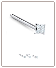 925 Sterling Silver Nose Stud Bone Straight LBend Square 4 Stone 22G