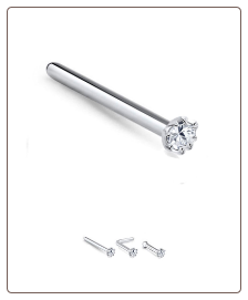 925 Sterling Silver Nose Stud Bone Straight LBend 8 Prong Clear CZ 22G