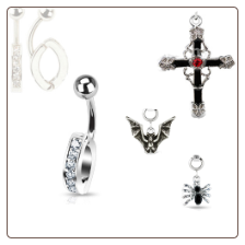 **BLOW OUT SALE**  316L Surgical Steel Navel Belly Button Ring Body Charm Holder Clear 3/8" Bat Spider Cross Charm 14G