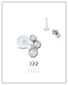Bioflex Labret Style Push Pin Nose Stud or Nose Screw Triple Stone