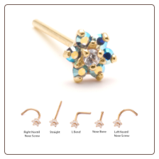 14KT Solid Yellow Gold Nose Stud 4.5mm Blue Aurora AB Flower