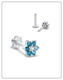 14KT White Gold Labret Style Nose Monroe Stud 5mm White and Blue Flower Genuine Diamonds 16G