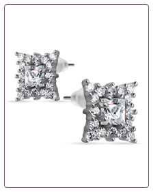 925 Sterling Silver Earrings Square CZ 22G