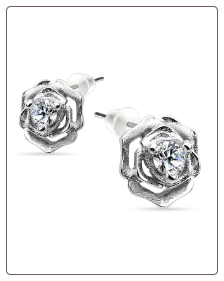 925 Sterling Silver Earrings Rose Flower CZ 22G