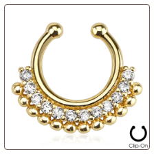 Gold IP Fake Septum Clicker Clip On Non Piercing Clear CZ Nose Ring Hoop Tribal Fan