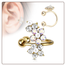 Gold IP Plated Fake Ear Cuff Clip On Non Piercing Hoop Flower Aurora and Clear CZ