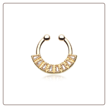 **BLOW OUT SALE** Gold IP Fake Septum Clicker Clip On Non Piercing Clear CZ Nose Ring Hoop