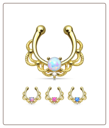 **BLOW OUT SALE** Gold IP Plated Clip On Fake Septum Clicker Non Piercing Nose Ring Hoop Opal
