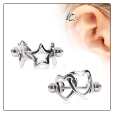 316L Surgical Steel Earring Interlocked Heart or Star Cartilage Cuff 16G