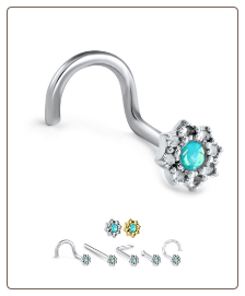316L Surgical Steel Lotus Filigree Teal Opal CZ Nose Stud Choose Your Style 20G