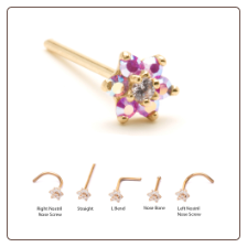 14KT Solid Yellow Gold Nose Stud 4.5mm Pink Aurora AB Flower