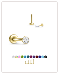 Yellow Gold Plated 316 Stainless Steel Labret Style Nose Stud Threadless Push Pin Glued CZ 20G 18G 16G