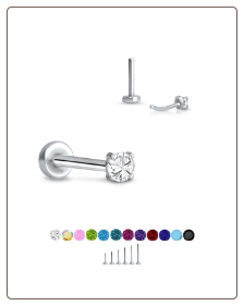 316 Stainless Steel Labret Style Nose Stud Threadless Push Pin Prong Set CZ 20G 18G 16G