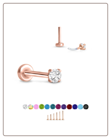 Rose Gold Plated 316 Stainless Steel Labret Style Nose Stud Threadless Push Pin Prong Set CZ 20G 18G 16G