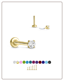 Yellow Gold Plated 316 Stainless Steel Labret Style Nose Stud Threadless Push Pin Prong Set CZ 20G 18G 16G
