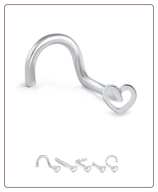 14K Solid White Gold Nose Bone 3mm Heart -Choose Your Style