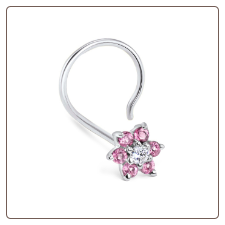 14KT White Gold Nose Screw Pink Tourmaline Genuine Diamond Flower EF SI 20G 14KT White Gold Nose Screw Pink Tourmaline Genuine Diamond Flower EF SI 20G