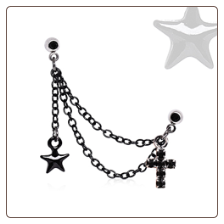 **BLOW OUT SALE** 316L Surgical Steel Ear Cartilage Jewelry Black Cross Star Chain 16G