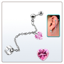 **BLOW OUT SALE** Surgical Steel Dangle Earring Cuff Cartilage Helix Jewelry Pink Heart CZ Dangle 18G