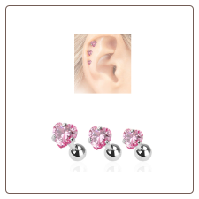 3 Pack Ear Cartilage Tragus Helix Pink Heart CZ Studs 316L Surgical Steel 16G