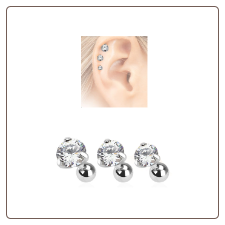 3 Pack Ear Cartilage Tragus Helix Clear CZ Studs 316L Surgical Steel 16G