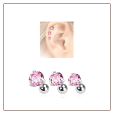 3 Pack Ear Cartilage Tragus Helix Pink CZ Studs 316L Surgical Steel 16G