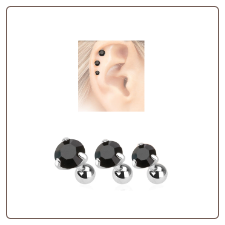 3 Pack Ear Cartilage Tragus Helix Black CZ Studs 316L Surgical Steel 16G