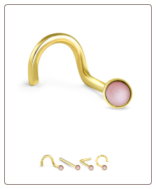 18K Solid Yellow Gold Nose Screw Pink Opal -Choose Your Style 20G