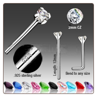925 Sterling Silver Nose Studs Pins 2mm CZ-Choose Your Color 20G