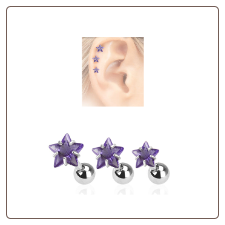 3 Pack Ear Cartilage Tragus Helix Purple Star CZ Studs 316L Surgical Steel 16G