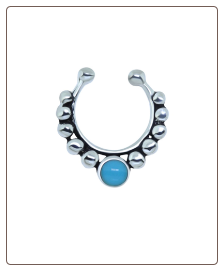 925 Sterling Silver Fake Septum Clicker Hanger Clip On Beaded Turquoise Nose Ring Hoop