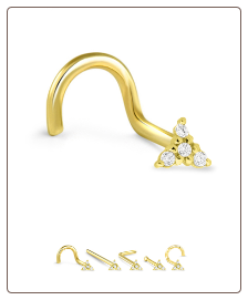 14K Solid Yellow Gold Nose Screw Trinity CZ -Choose Your Style