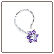 14KT White Gold Nose Screw Stud 5mm White Gold Genuine Diamond & Amethyst Purple Flower 20G 14KT White Gold Nose Screw Stud 5mm White Gold Genuine Diamond & Amethyst Purple Flower 20G